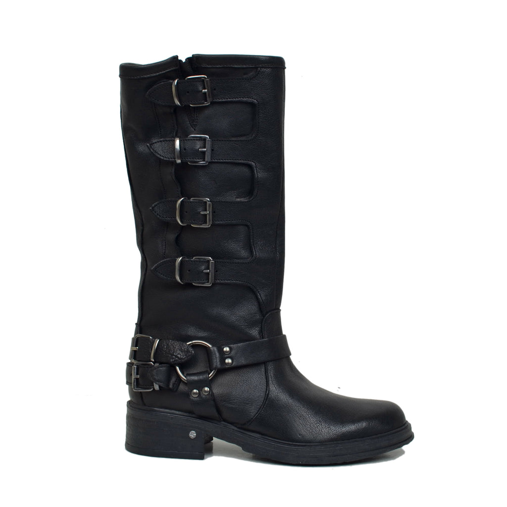 Black 5 Buckle Biker Boots with Rounded Toe in Leather - 2