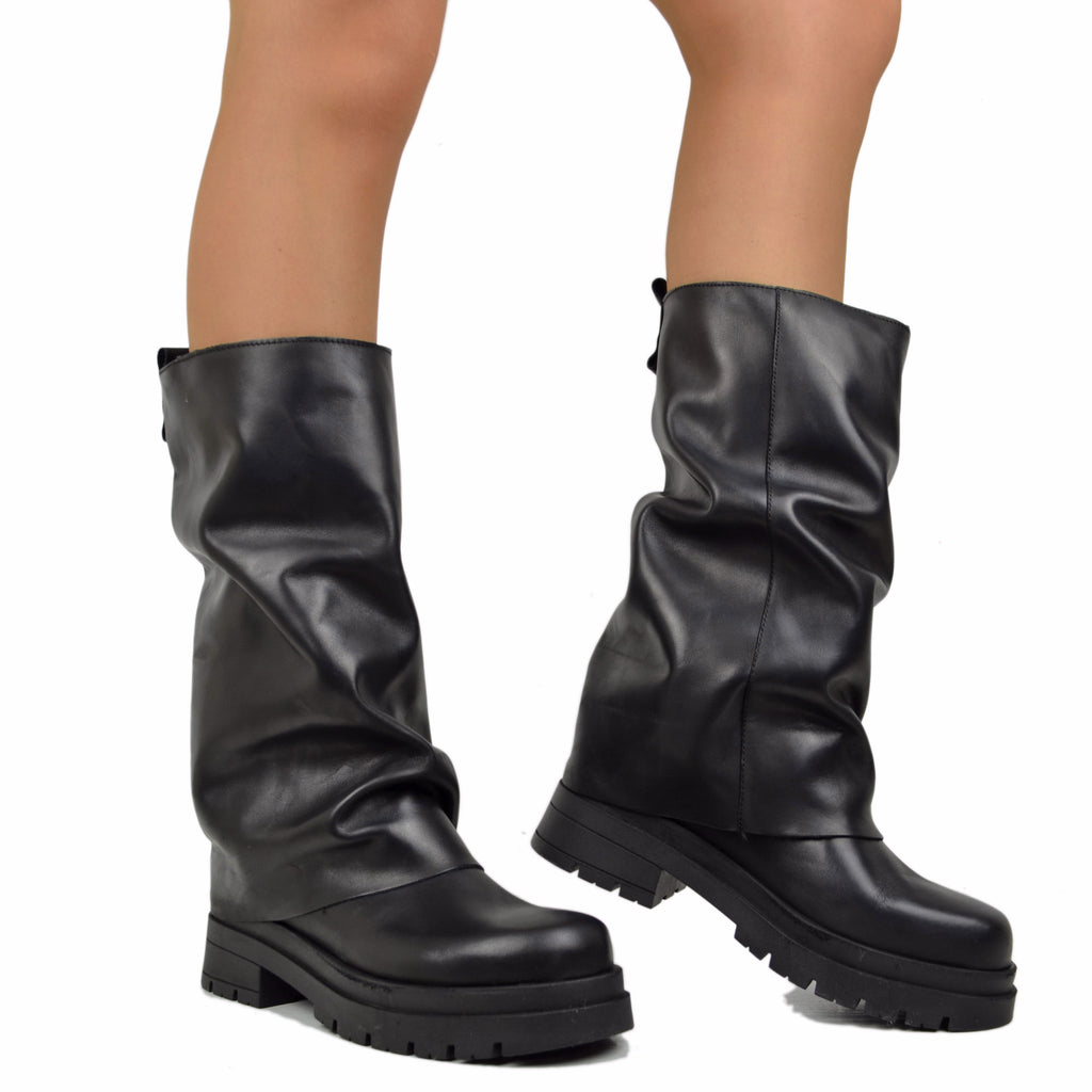 Biker Boots con Ghetta in Pelle Fondo Platform Pianta Larga - 5