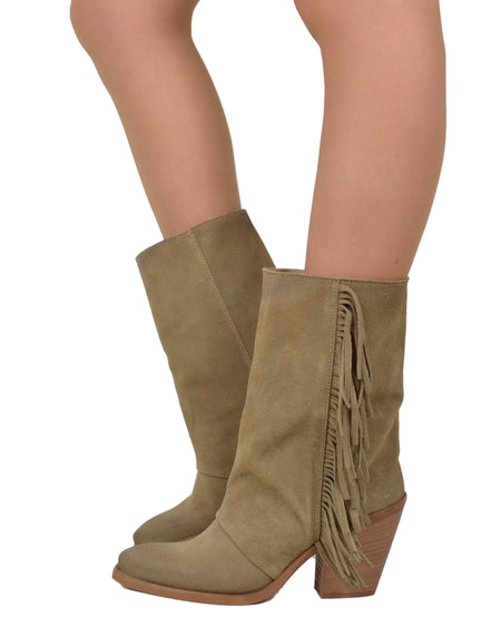 Stivali Texani con Frange Pelle Scamosciata Tacco Alto cm Tortora