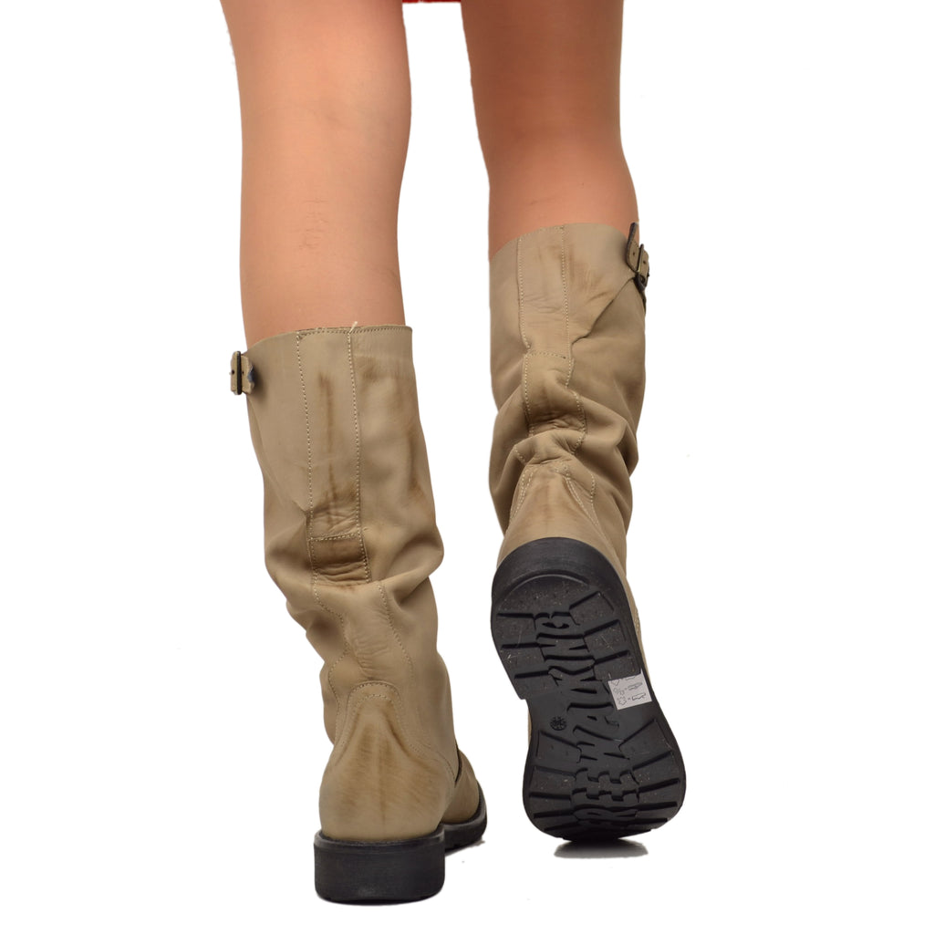 Stivali Biker Boots a Metà Polpaccio in Pelle Vintage Taupe - 5