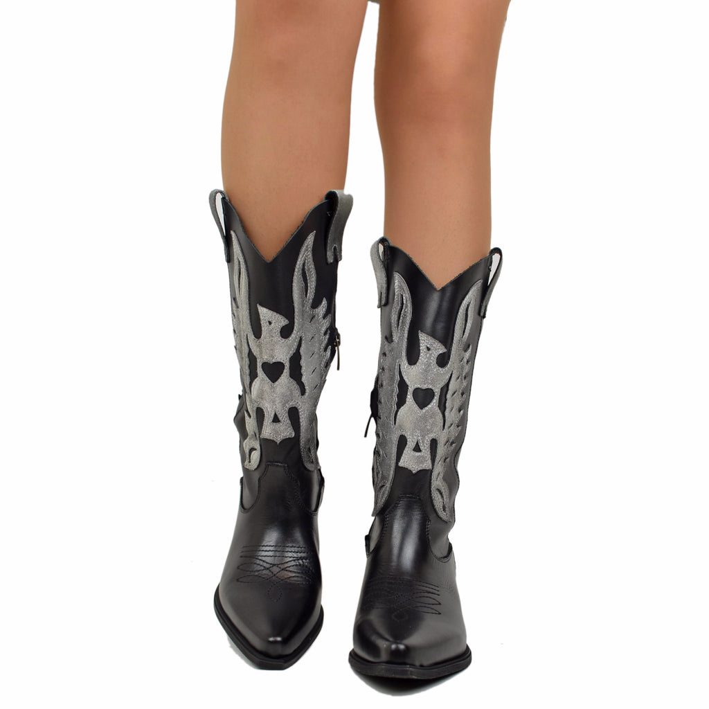 Black Women's Texan Boots in Shaded and Silver Leather with Zip - 4