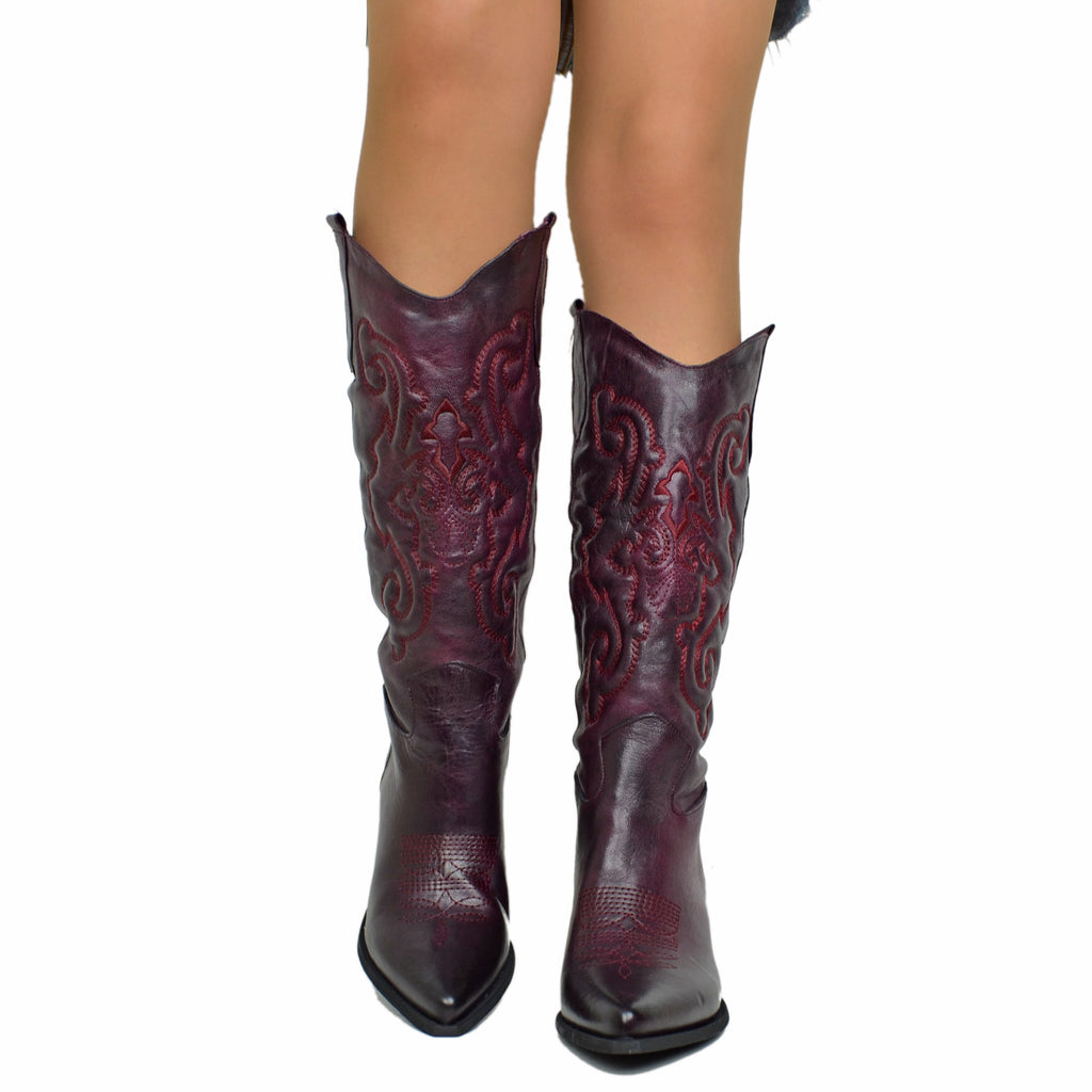 Rote Texan-Lederstiefel mit genähtem Obermaterial und mittlerem Absatz - 5