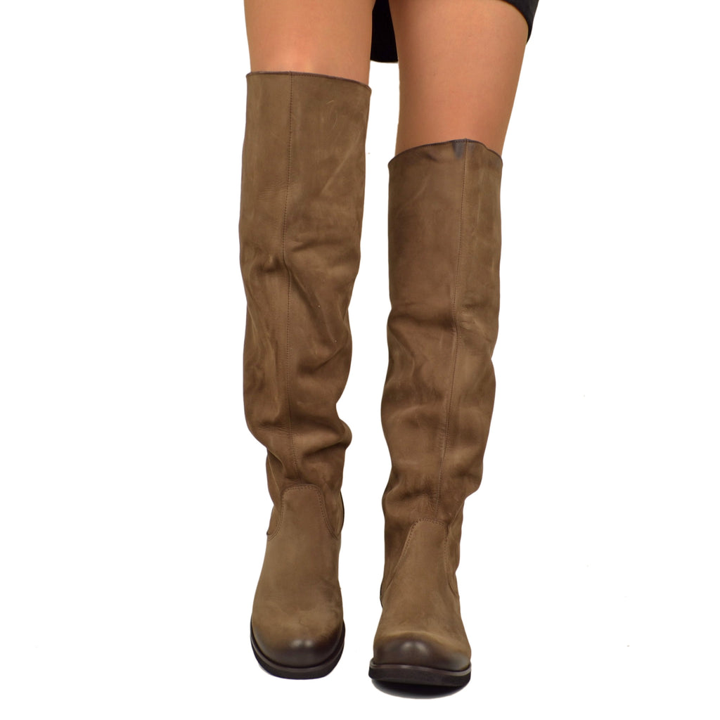 Dark Brown Nabuk Leather Knee High Boots Low Heel - 4