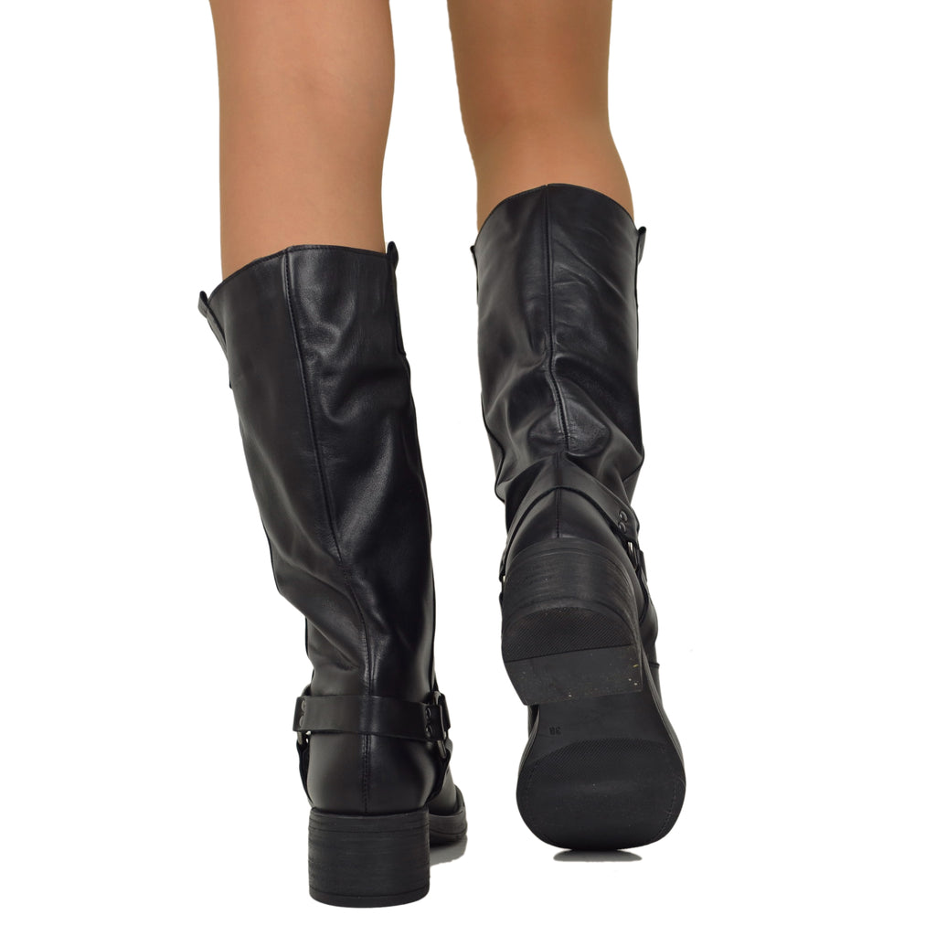 Women's Biker Boots in Black Leather Square Toe with Buckle - 6