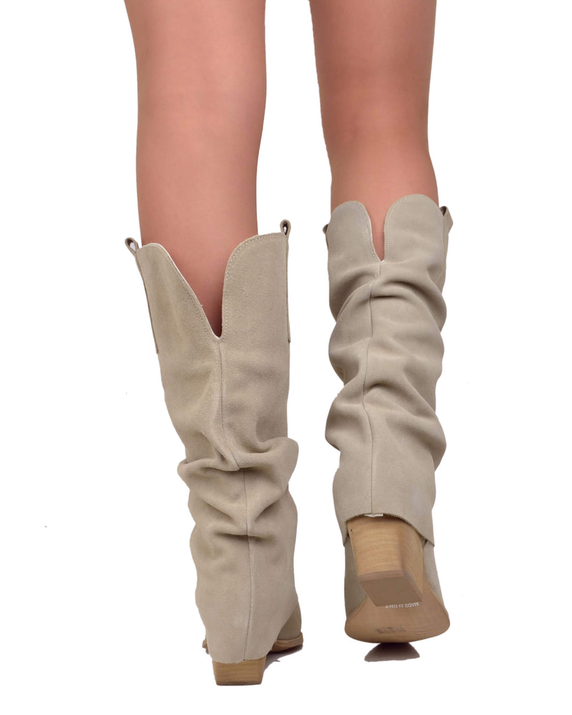 Wide Calf Suede Cowboy Boots with Soft Shaft – 7 cm Heel – Beige - 3