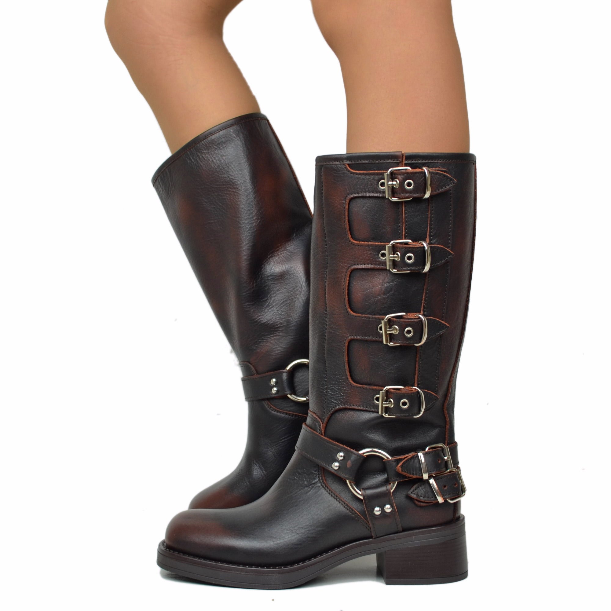 Biker Boots with Buckles Square Toe Dark Brown Leather
