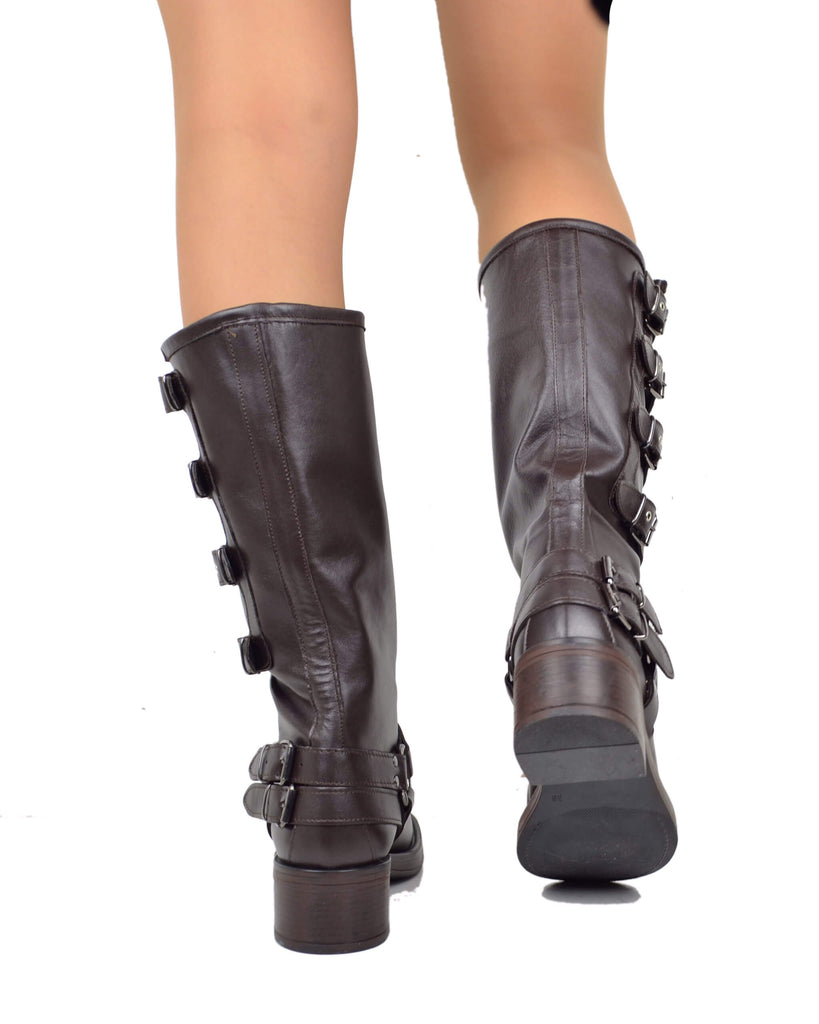 Biker-Stiefel Damen aus braunem Leder mit 5 Schnallen und eckiger Spitze – Made in Italy - 4