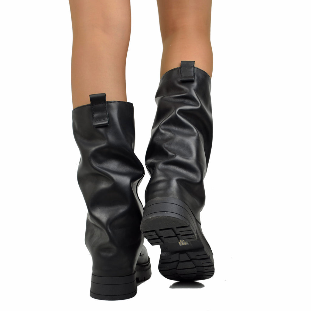 Biker Boots con Ghetta in Pelle Fondo Platform Pianta Larga - 3
