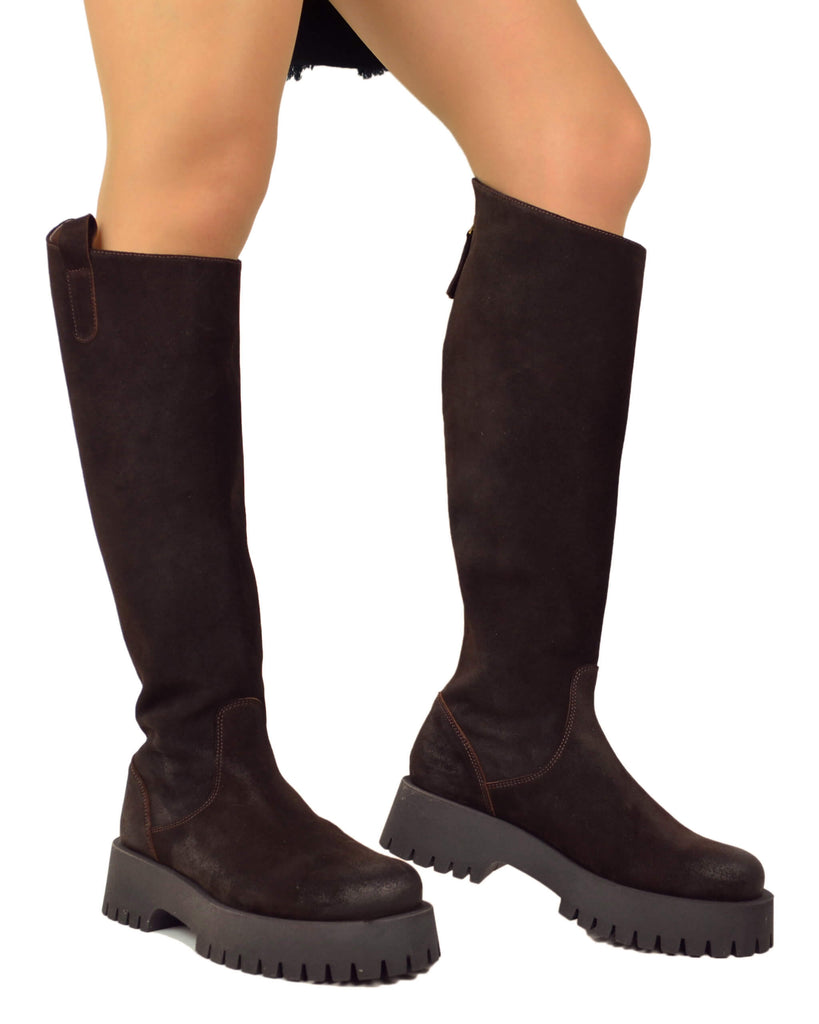 Stivali Biker Fondo Alto Platform Pelle Scamosciate Zip Retro Marroni Gambale Largo - 4