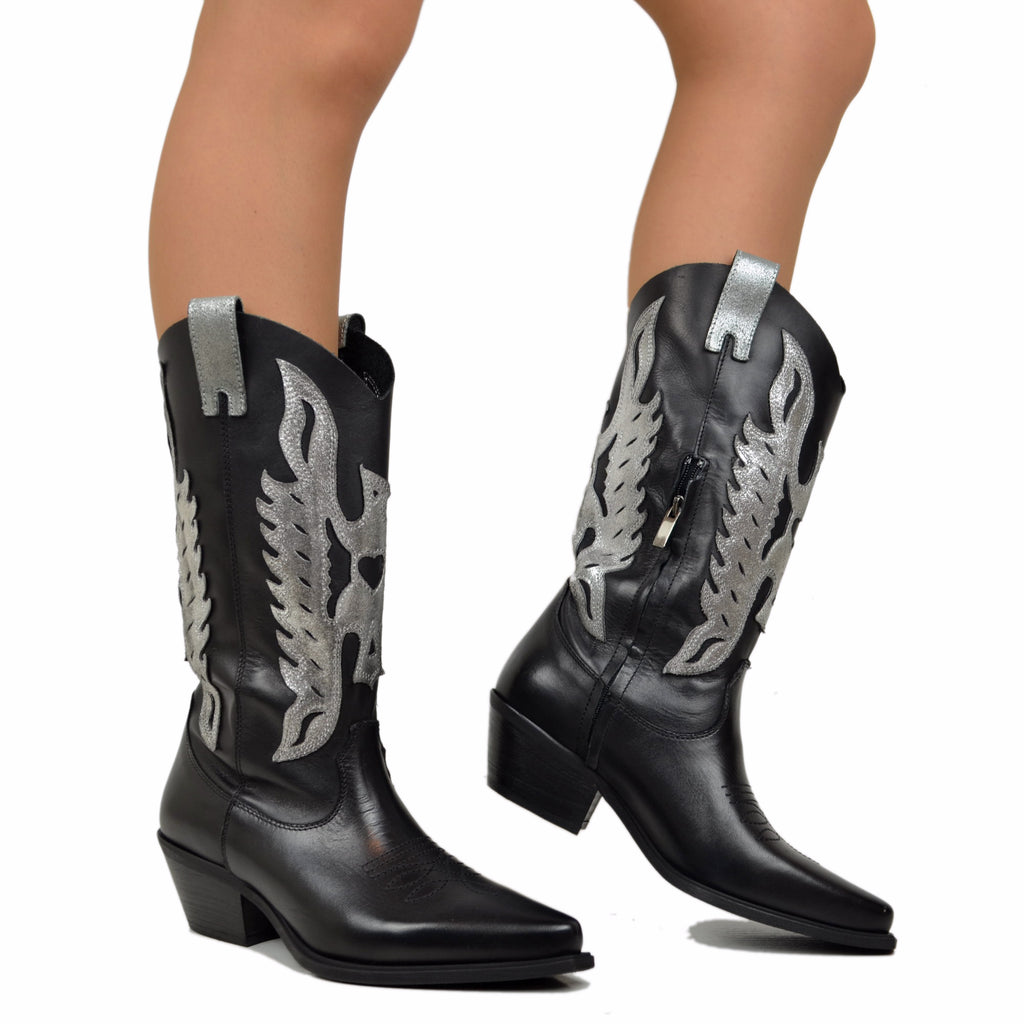 Black Women's Texan Boots in Shaded and Silver Leather with Zip - 5