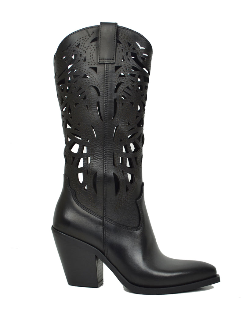 Sommer-Cowboystiefel mit 9 cm Absatz, Echtleder, Lochmuster – Made in Italy, Schwarz - 2