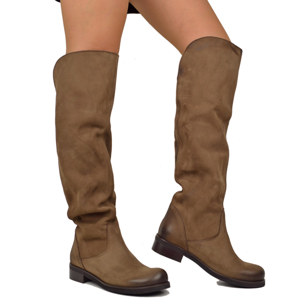 Dark Brown Nabuk Leather Knee High Boots Low Heel - 5