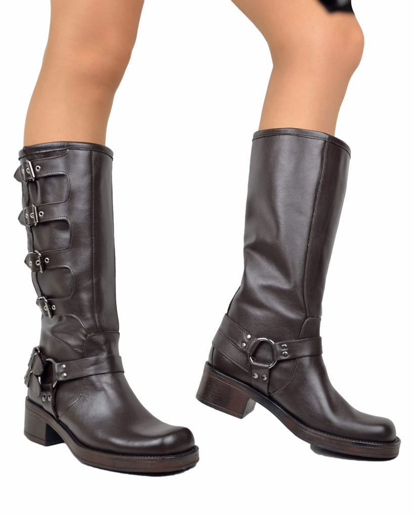 Biker-Stiefel Damen aus braunem Leder mit 5 Schnallen und eckiger Spitze – Made in Italy - 5