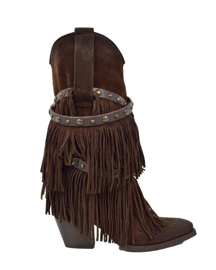 Texanische Fransenstiefel aus echtem Wildleder – Cowboy-Stil, Dunkelbraun - 2