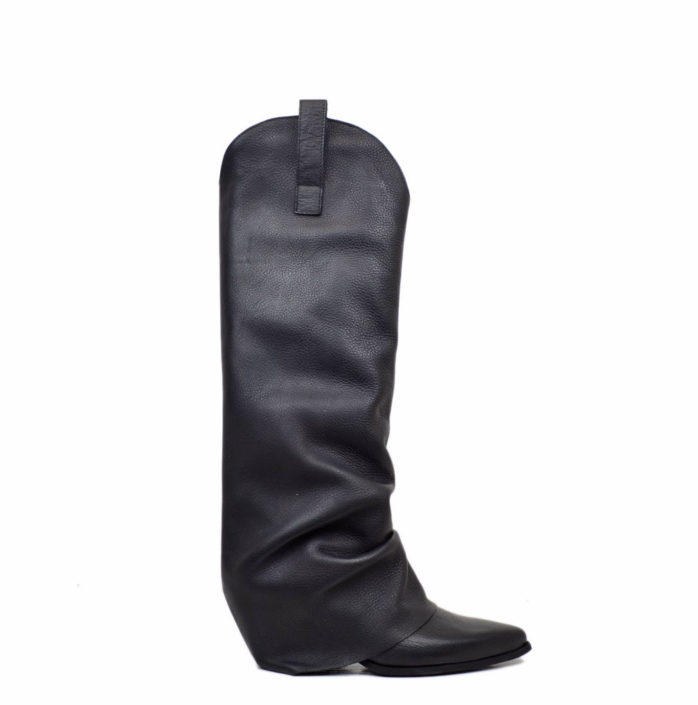 Schwarze Damen Texan Stiefel mit Gamasche aus Schwarz Leder hergestellt in Italien - 2