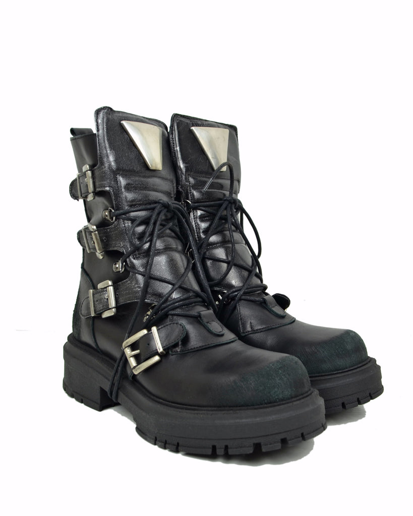 Rock Grunge Platform Boots with 4 Buckles in Genuine Black Metallic Leather - 2