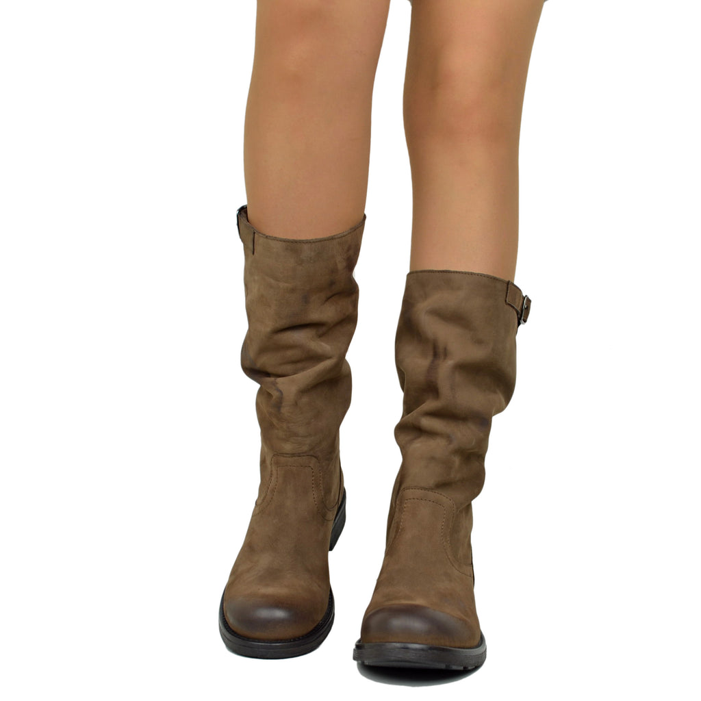 Stivali Biker Boots a Metà Polpaccio in Pelle Vintage Marrone - 5