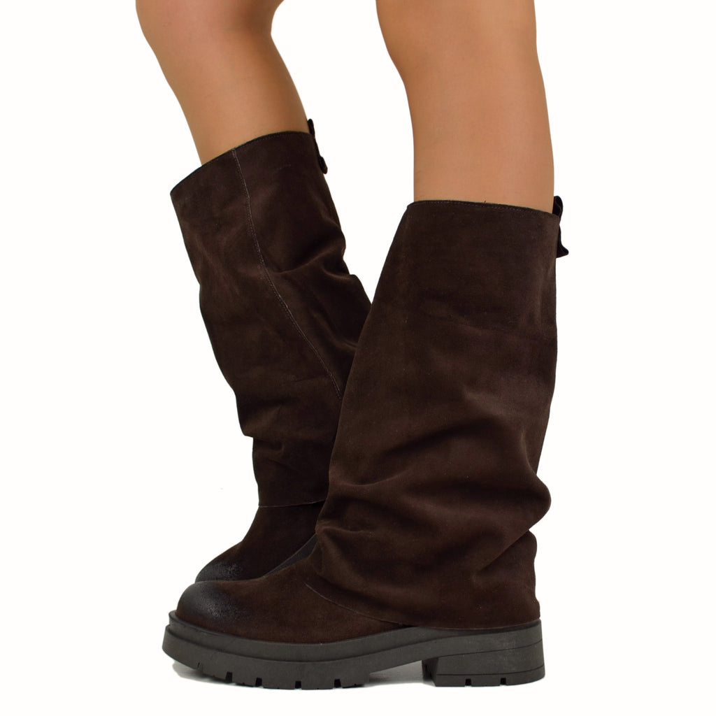 Brown Biker Boots with Suede Gaiter Platform Bottom Wide Fit