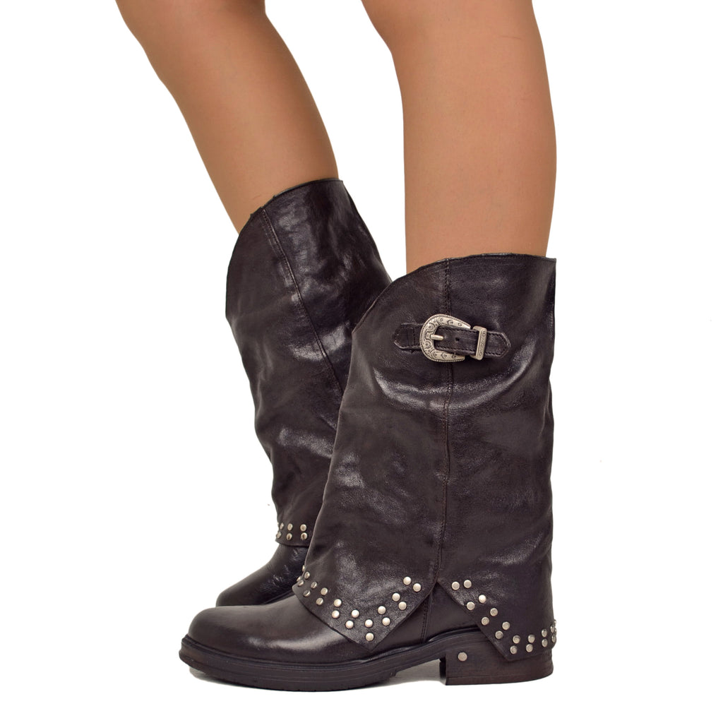 Biker Boots with Silver Studs and Dark Brown Leather Gaiter