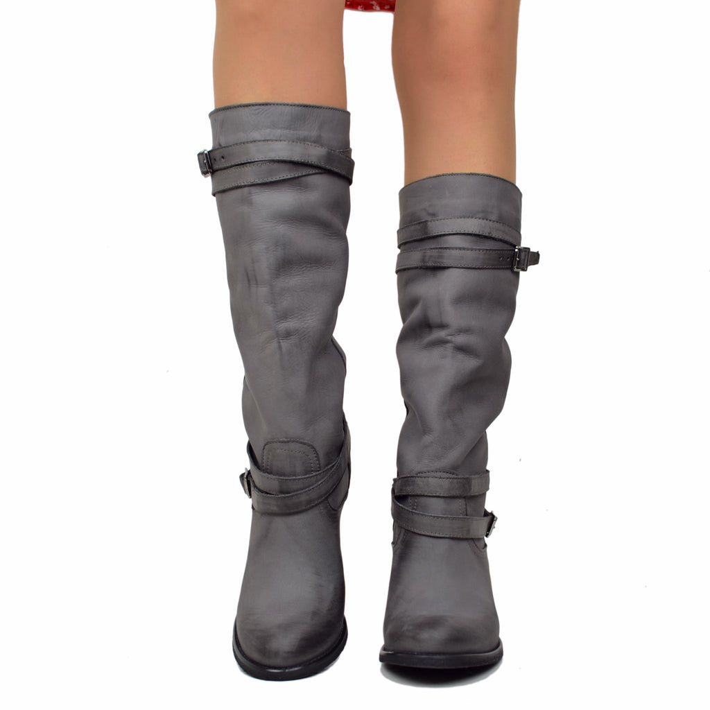 Women's Boots in Genuine Nubuck Leather with Medium Heel Dark Grey - 3