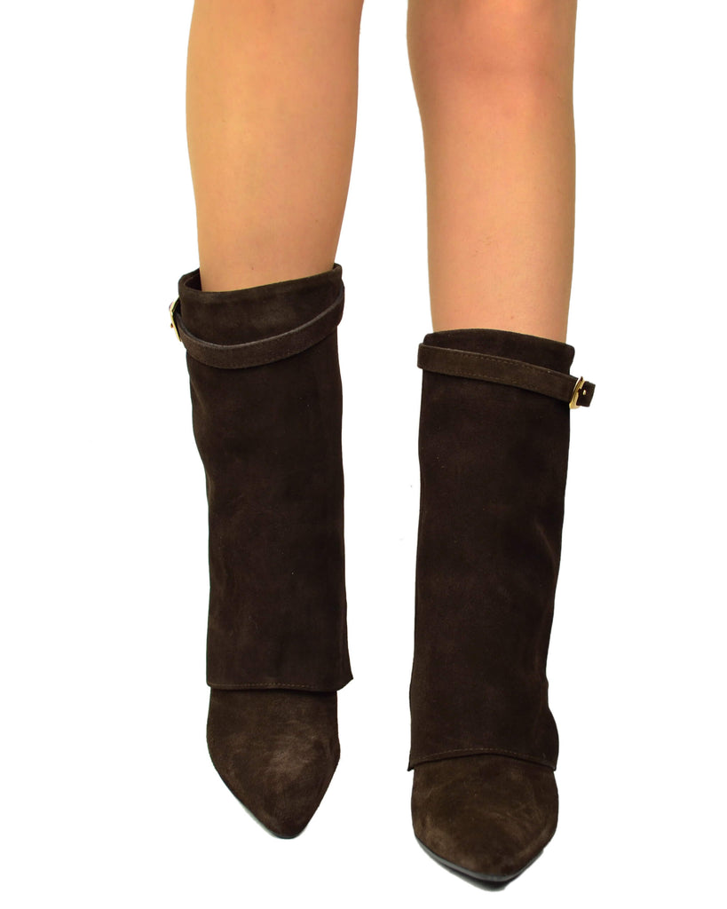 Stivaletti con Ghetta e Fibbia Dorata Zeppa Alta 9 Cm in Pelle Scamosciata Marrone - 4