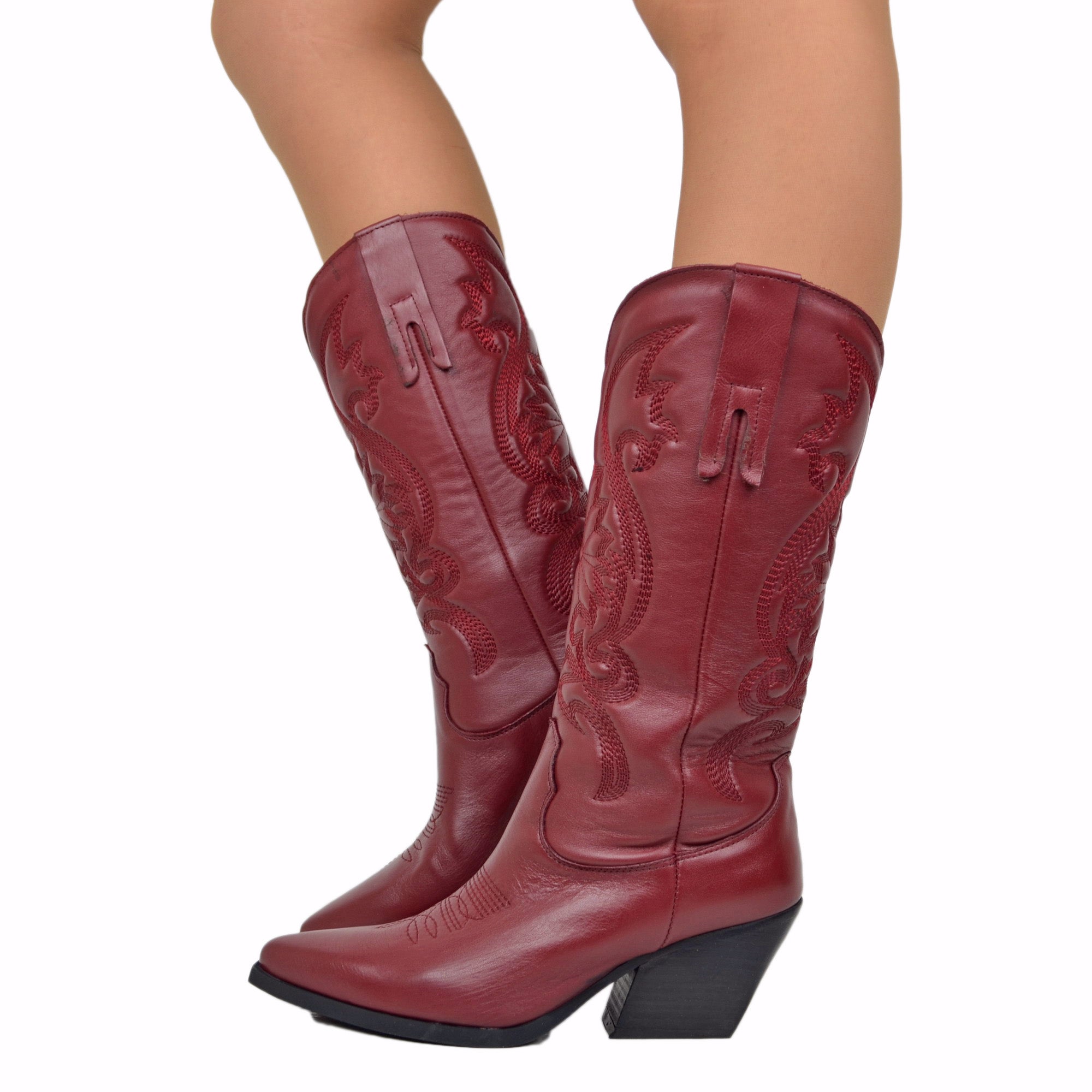 Bordeaux Rote Westernstiefel – Gestickter Gepolsterter Schaft