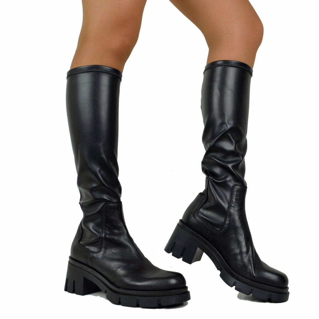 Stivali con Gambale Elasticizzato Lycra Piede Vera Pelle Fondo Gomma - 5