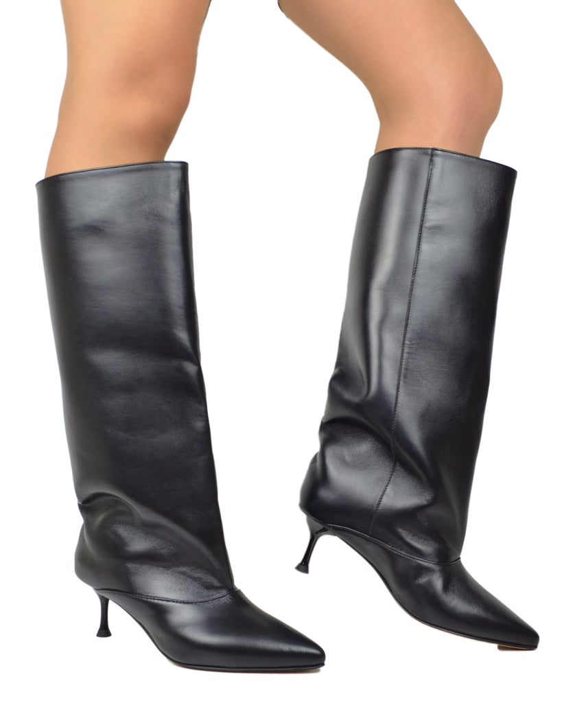 Damen Stiefel Schwarz Leder Spitz Stilettoabsatz Elegant - 4