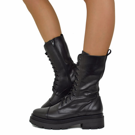 Stivali Donna Anfibi Neri con Zip e Fondo Platform Made in Italy