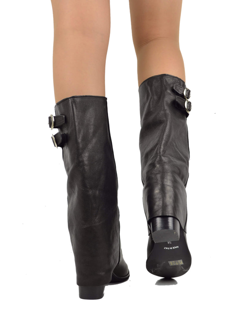High Heel Boots with Cuff – 8 cm, Round Toe, Black Suede - 3