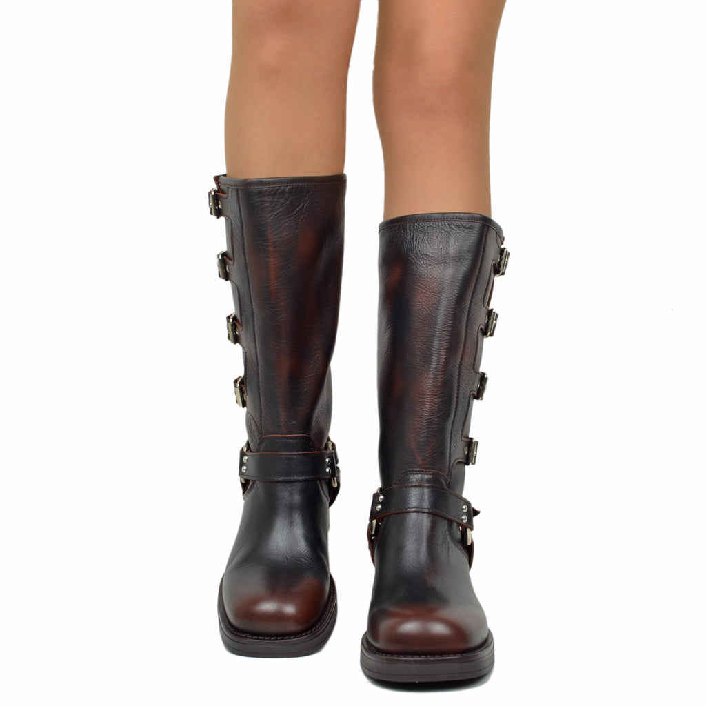 Biker Boots with 5 Buckles Square Toe Dark Brown Leather - 3