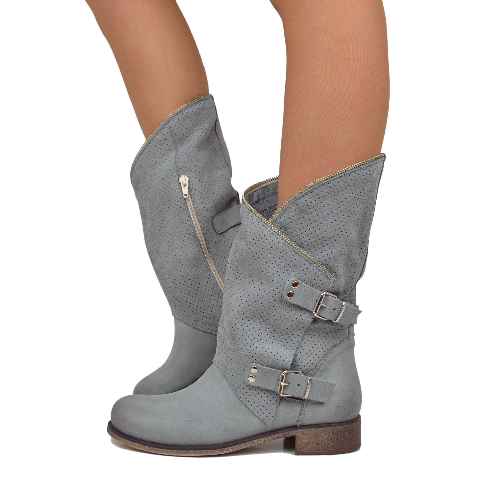 Women s Taupe Perforated Biker Boots with Nubuck Leather Buckles KikkiLine Calzature