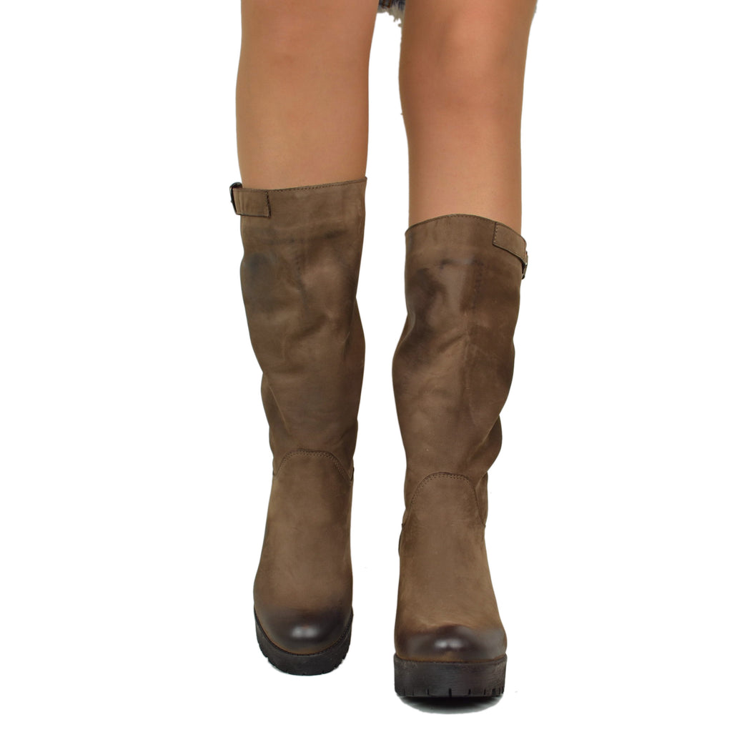 Brown Nubuck Leather Women's Boots with Heel Made in Italy - 3