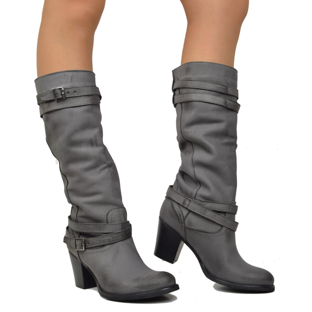 Women's Boots in Genuine Nubuck Leather with Medium Heel Dark Grey - 4