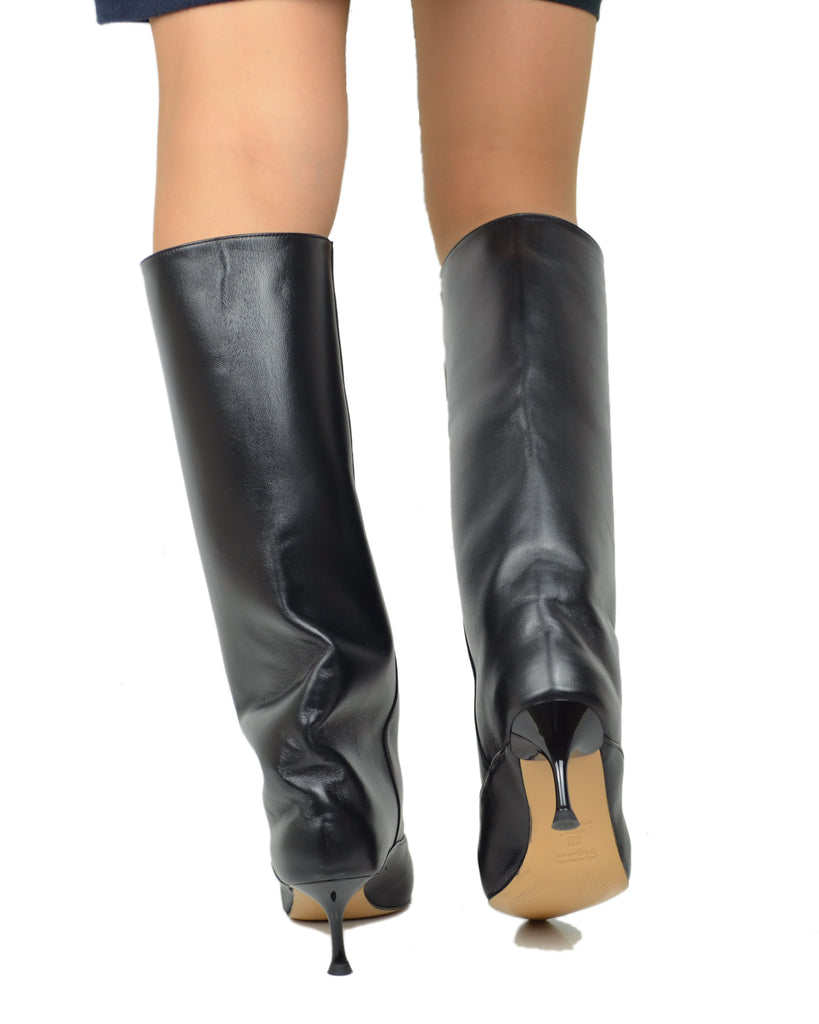 Damen Stiefel Schwarz Leder Spitz Stilettoabsatz Elegant - 5