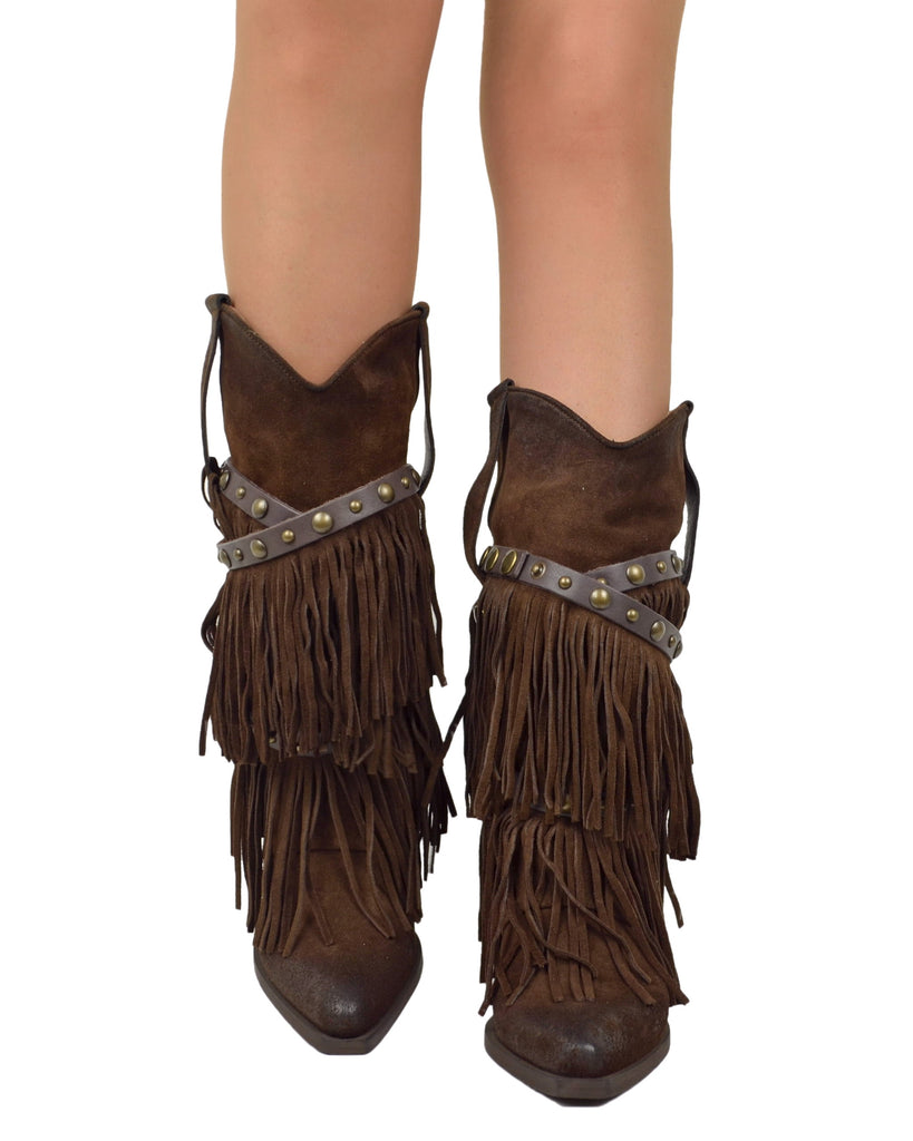 Texanische Fransenstiefel aus echtem Wildleder – Cowboy-Stil, Dunkelbraun - 4