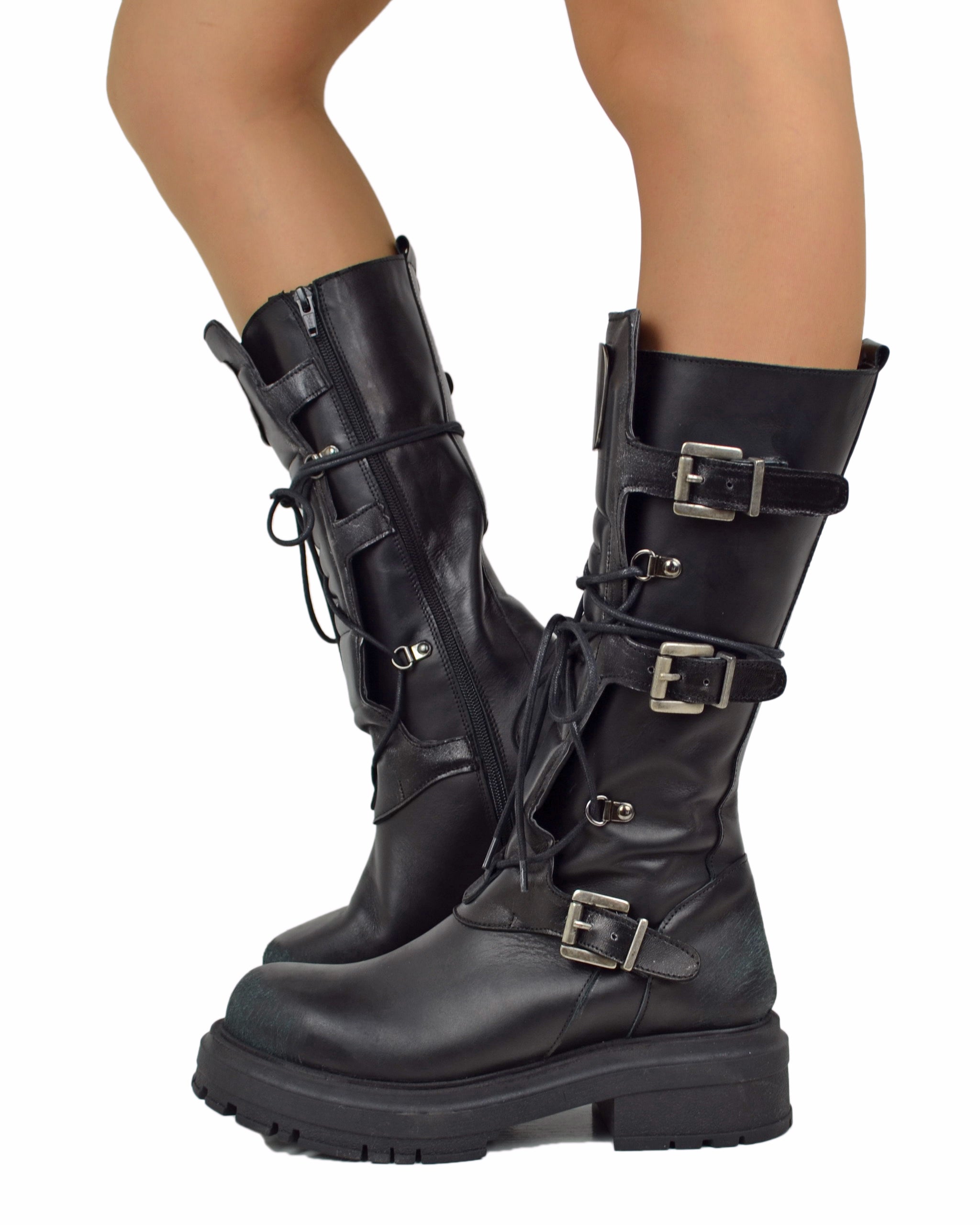 High Combat Boots Rock Platform with Silver Buckles in Metallic Black Leather