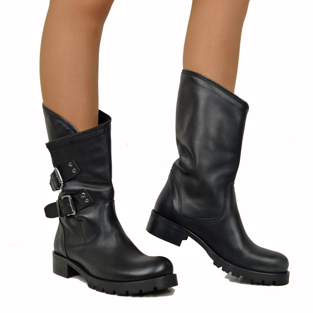 Biker Boots with Wide and Adjustable Calf with Zip in Real Black Leather - 4