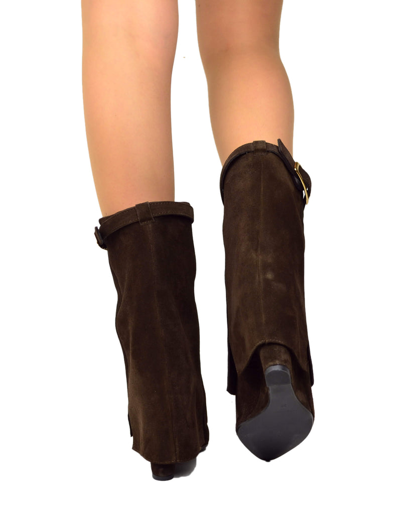Stivaletti con Ghetta e Fibbia Dorata Zeppa Alta 9 Cm in Pelle Scamosciata Marrone - 3