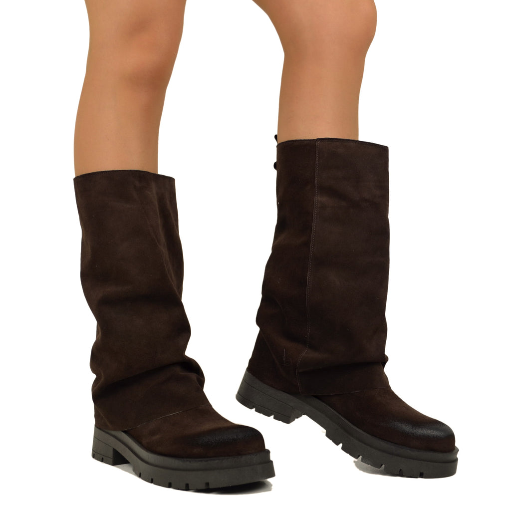 Brown Biker Boots with Suede Gaiter Platform Bottom Wide Fit - 4