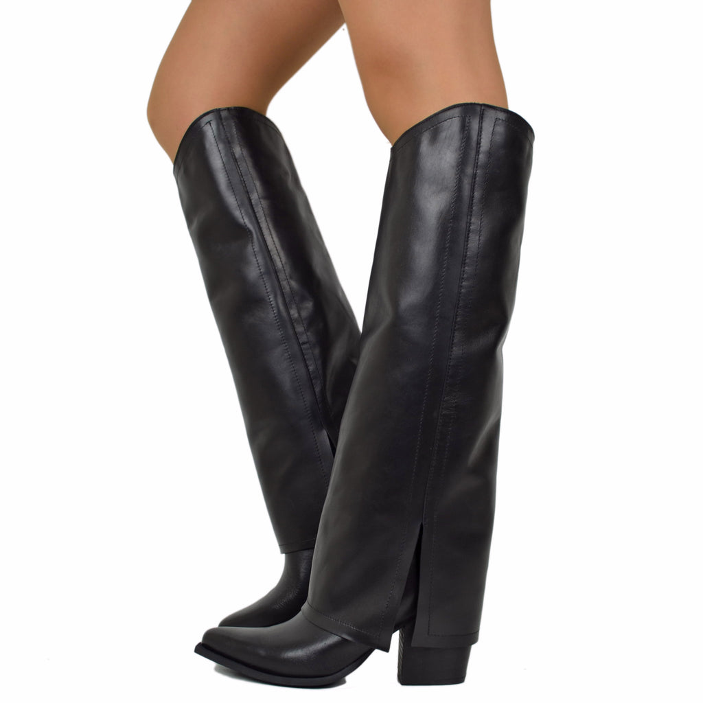 Elegante hohe Stiefel mit Gamasche aus echtem Leder, Schwarz, Absatz 8 cm