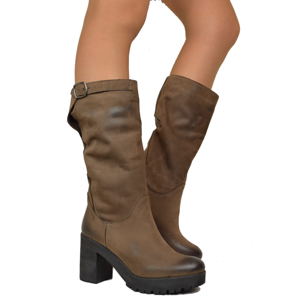 Brown Nubuck Leather Women's Boots with Heel Made in Italy - 4