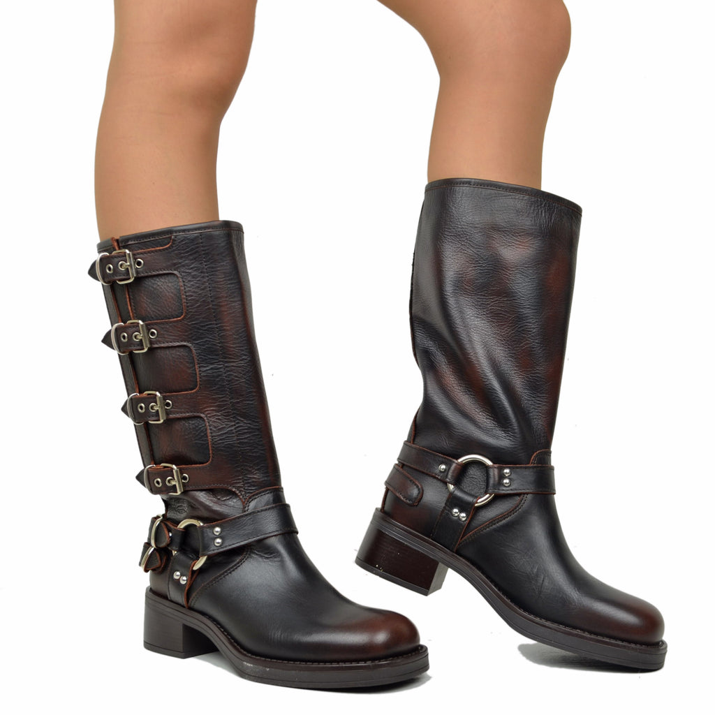 Biker Boots with 5 Buckles Square Toe Dark Brown Leather - 4