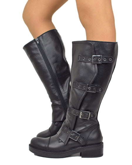 Damen Biker Stiefel Schwarz Leder Weitschaft XL Curvy mit