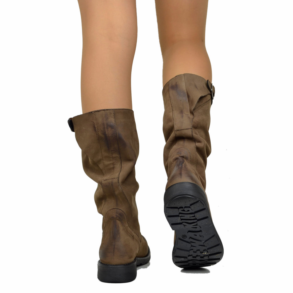 Stivali Biker Boots a Metà Polpaccio in Pelle Vintage Marrone - 4