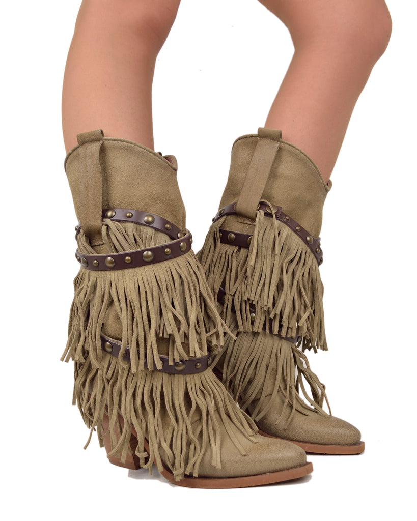 Stivali Texani con Frange Vera Pelle Scamosciata Wild Cowboyboots Taupe - 5