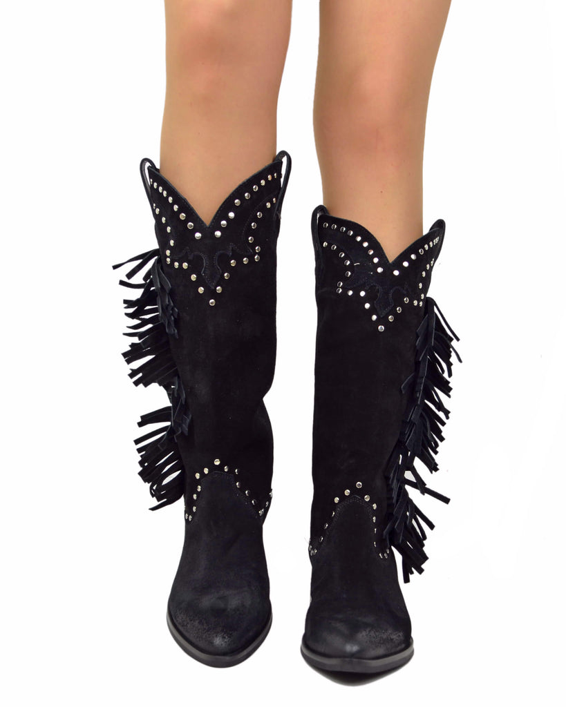 Black Suede Fringed Cowboy Boots – Handmade in Italy - 3