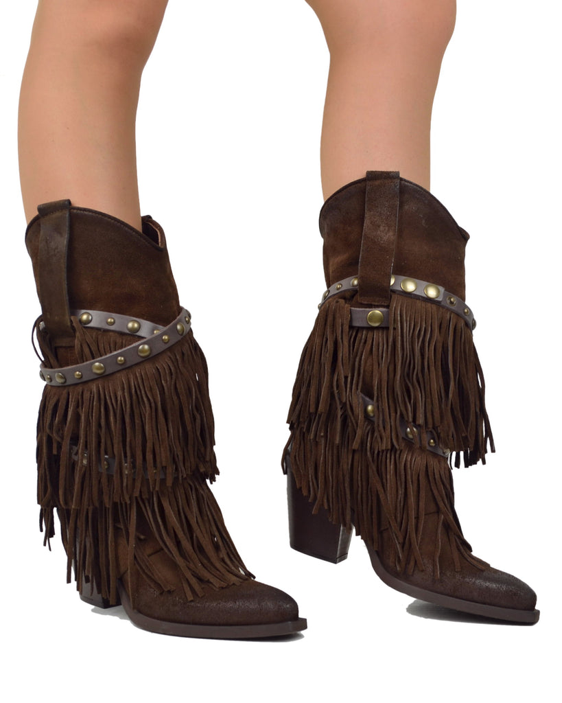 Texanische Fransenstiefel aus echtem Wildleder – Cowboy-Stil, Dunkelbraun - 5