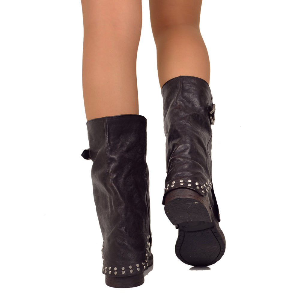 Biker Boots with Silver Studs and Dark Brown Leather Gaiter - 5