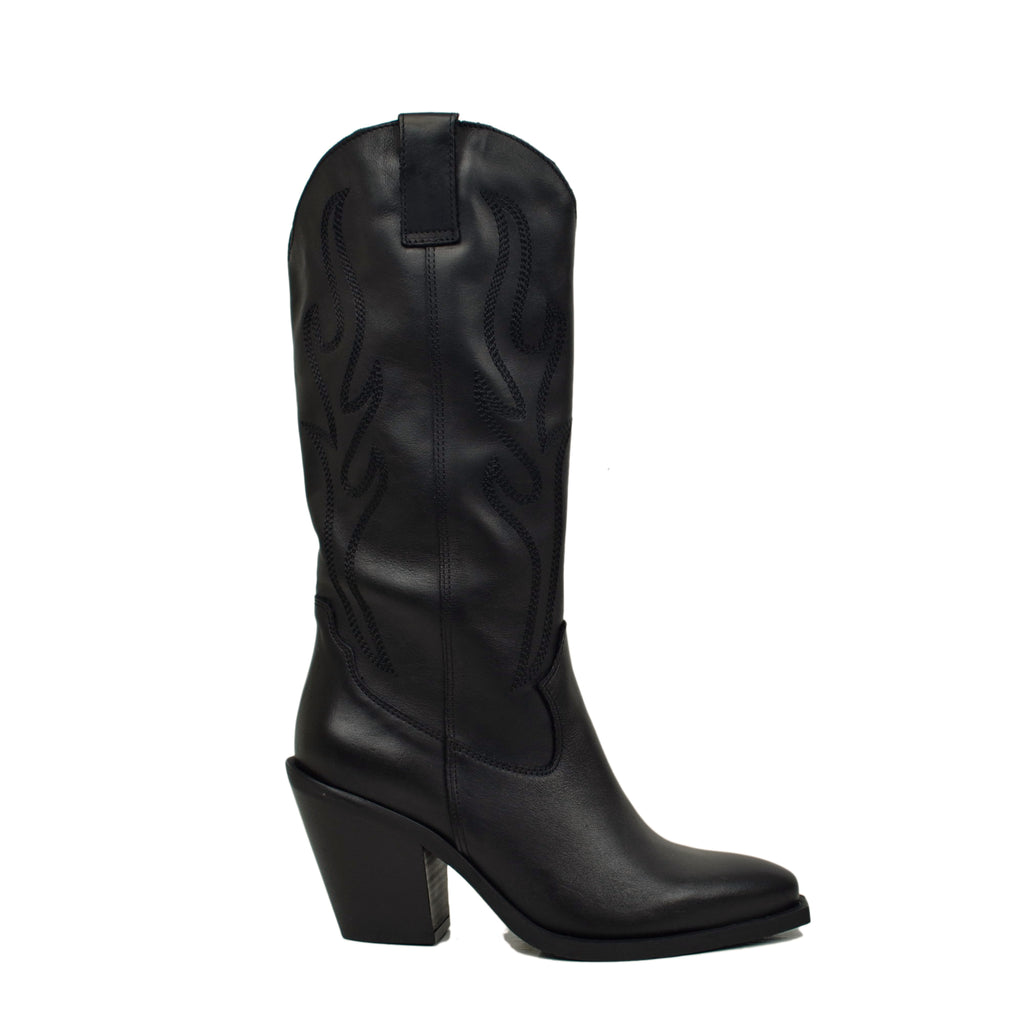 Texan High Boots in Total Black Leather Soft Upper Heel 8 cm - 2